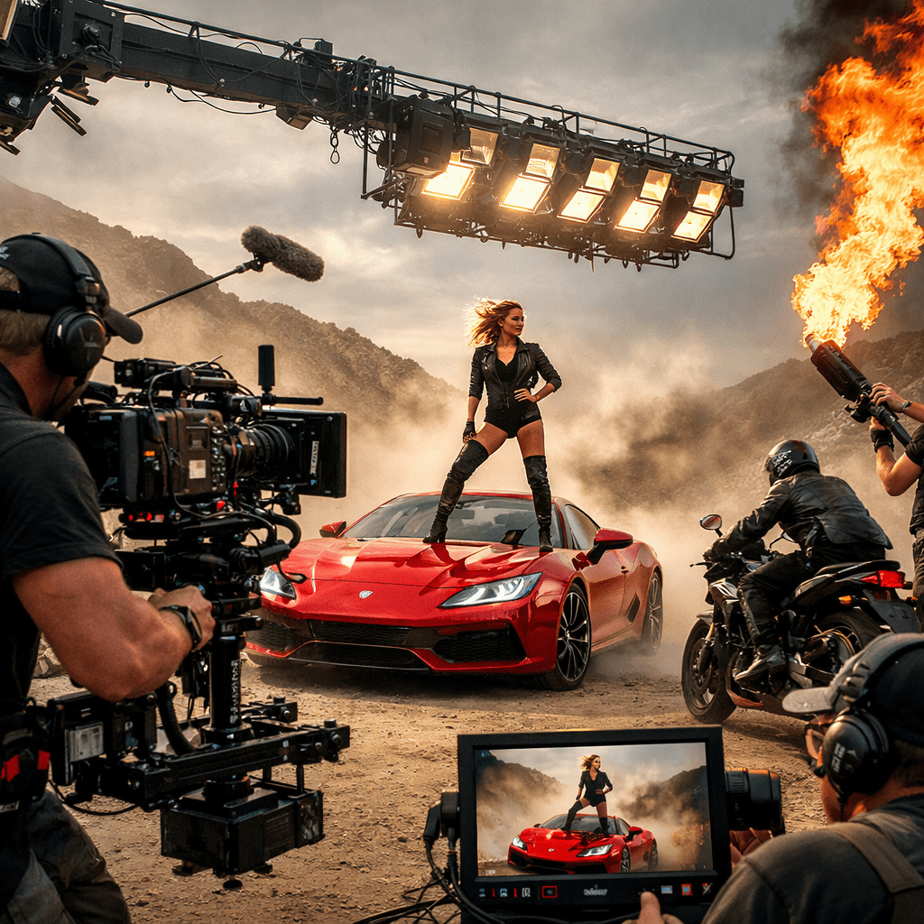 Film crew capturing a model standing on a red sports car with smoke and fire effects during an outdoor shoot