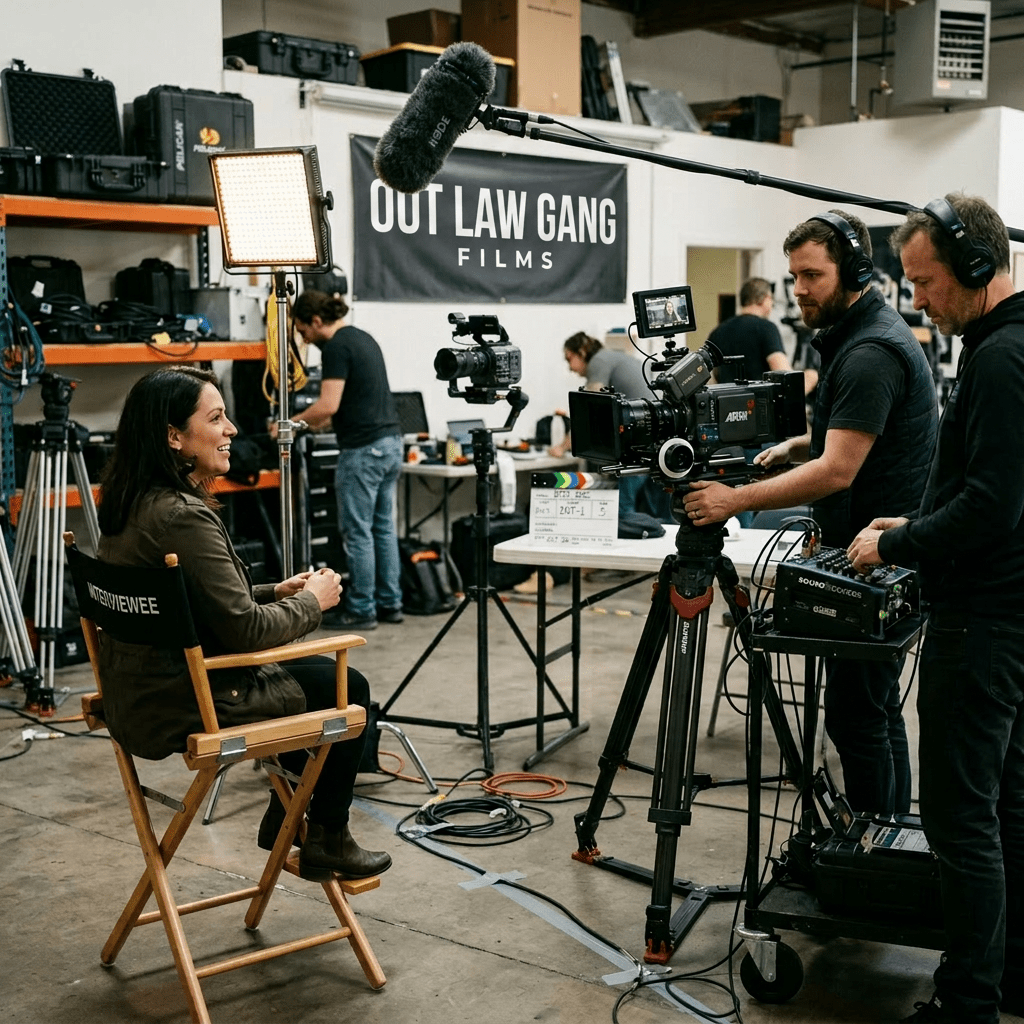 Woman interviewed in documentary film studio with camera operator and sound technician