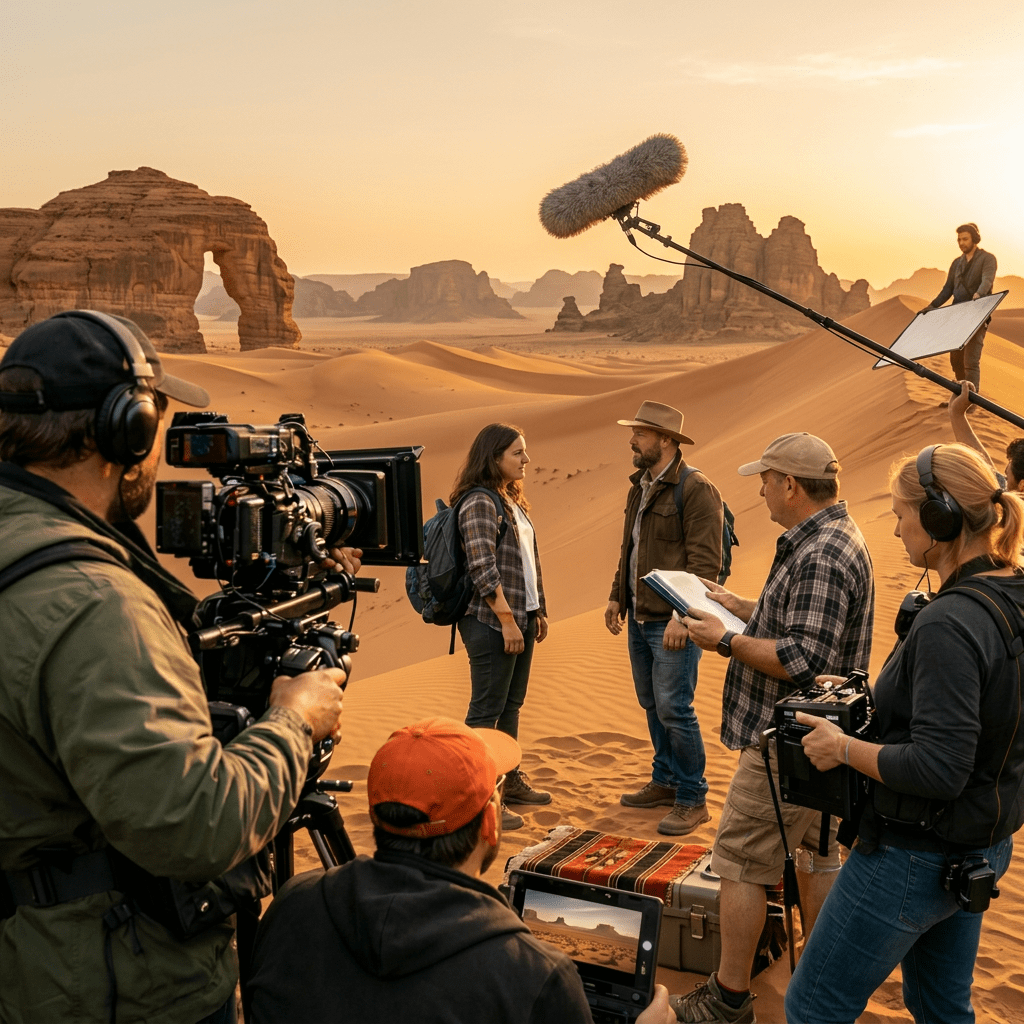 Film crew filming two actors talking in a desert with camera, boom mic, and reflector