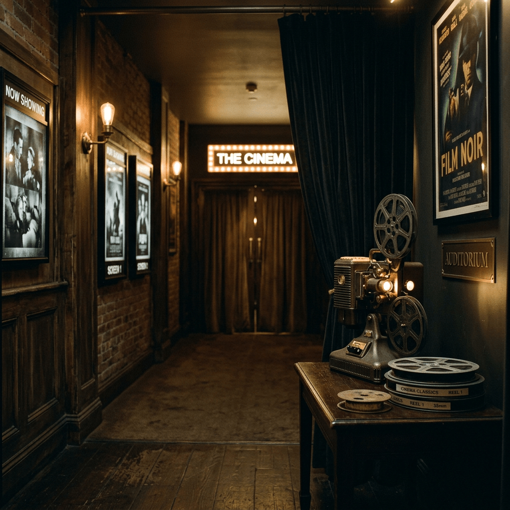 Current image: Cinema hallway with vintage film projector, movie posters, and illuminated sign OUT LAW GANG FILM
